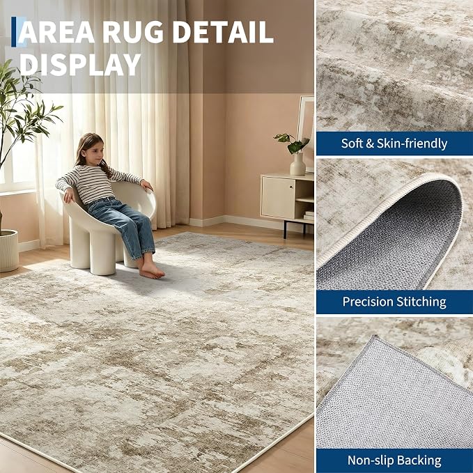 GarveeHome 9x12 Abstract Area Rug, Washable Soft Low Pile Non Slip Accent Rug for Living Room, Bedroom, Dining Room, Modern Neutral Indoor Carpet
