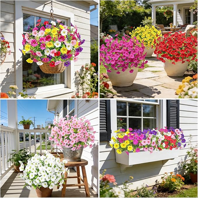 Ouddy Decor 24 Bundles Artificial Flowers for Outdoors, Fake Petunias Flowers Silk Morning Glory with Eucalyptus Faux Plants for Indoor Outside Spring Summer Yard Garden Porch Home Decor, Multicolor