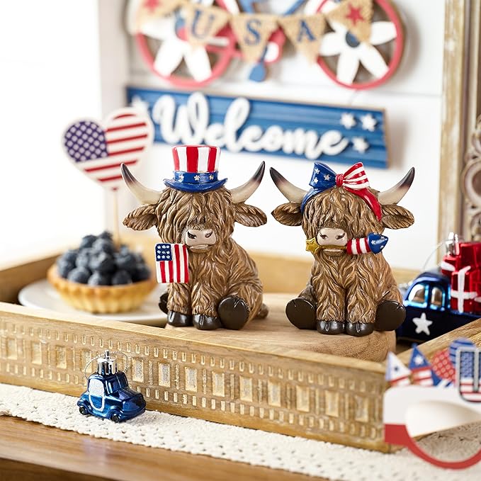 Valery Madelyn 4th of July Highland Cow Decorations, Memorial Day Decoration for Home Decor, Large 2Pcs Patriotic High Mountain Yak Figurines USA 250th Anniversary Decorations, Independence Day