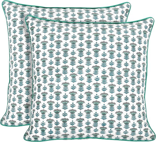 Ridhi Block Print Aquamarine Blue Pillow Cover 18" x 18" (Pack of 2) Decorative Couch Pillows for Living Room, Chic Boho Cute Outdoor Pillows Covers Gifts for Spring, Easter and Valentine
