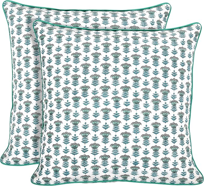 Ridhi Block Print Aquamarine Blue Pillow Cover 24" x 24" (Pack of 2) Decorative Couch Pillows for Living Room, Chic Boho Cute Outdoor Pillows Covers Gifts for Spring, Easter and Valentine
