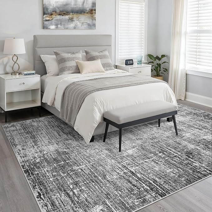 7x10 Area Rug Living Room: Washable Large Neutral Black Rug Abstract Soft Modern Stain Resistant Indoor Floor Non-Slip Carpet for Bedroom Nursery Kids Office Playroom Dining Room Under Table Home