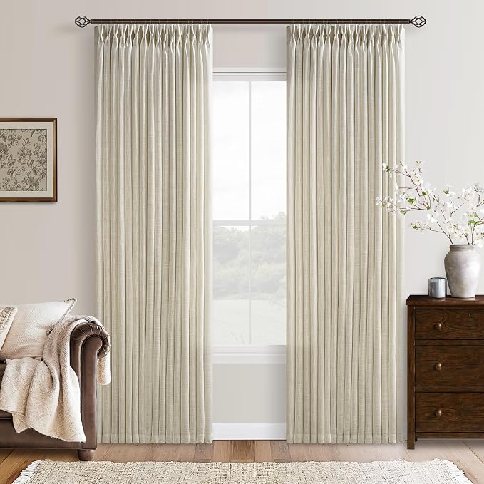 Neutral Beige Linen Curtains 84 Inches Long 2 Panels Set Pinch Pleated Flax Burlap Drapes for Living Room Bedroom Dining Pinch Pleat Back Tab Light Filtering Farmhouse Window Curtains 84 Inch Length