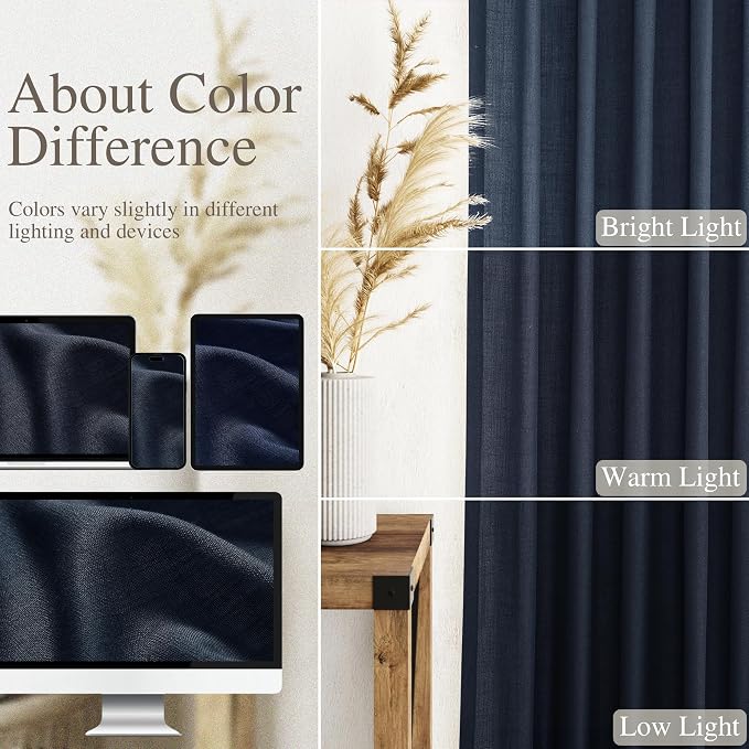 Nanspring Navy Blue Linen Curtains for Living Room 2 Panels Set Extra Long Back Tab Light Filtering Semi Sheer Curtain Drapes for Bedroom Neutral Farmhouse Ceiling to Floor for Large Window 52x100