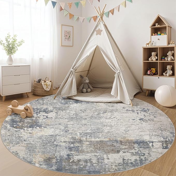 UERMEI 8ft Round Area Rug Living Room Rugs - 8x8 Washable Neutral Modern Abstract Soft Thin Rug Indoor Floor No Slip Rug Carpet for Bedroom Under Dining Table Home Office Decor - Blue Grey