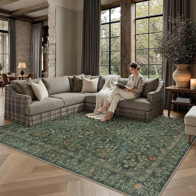 PureCozy 5x7 Dark Green Area Rug for Living Room Bedroom Washable Vintage Floral Carpet Low Pile Non Slip Botanical Aesthetic Dining Room Soft Accent Throw Rug Nursery Office Indoor