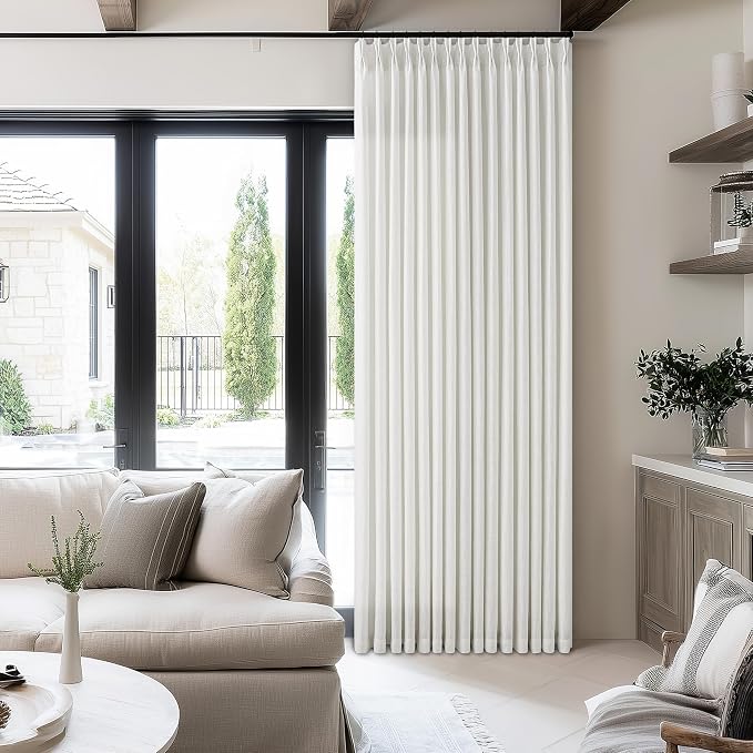 Pinch Pleated Extra Wide Linen Curtains 84 Inches Long for Patio Sliding Glass Door 60 Inch Wide Pleated Drapes with Hooks Rings Neutral Semi Sheer 60x84 Curtain for Living Room 1 Panel Ivory Birch