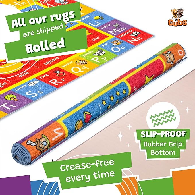 KC Cubs: Educational Rug: ABC Alphabet, Numbers & Shapes - 8x10' Playmat - Interactive Play, Activity Area Carpet, Bedroom-Classroom, Baby-Toddler-Kid