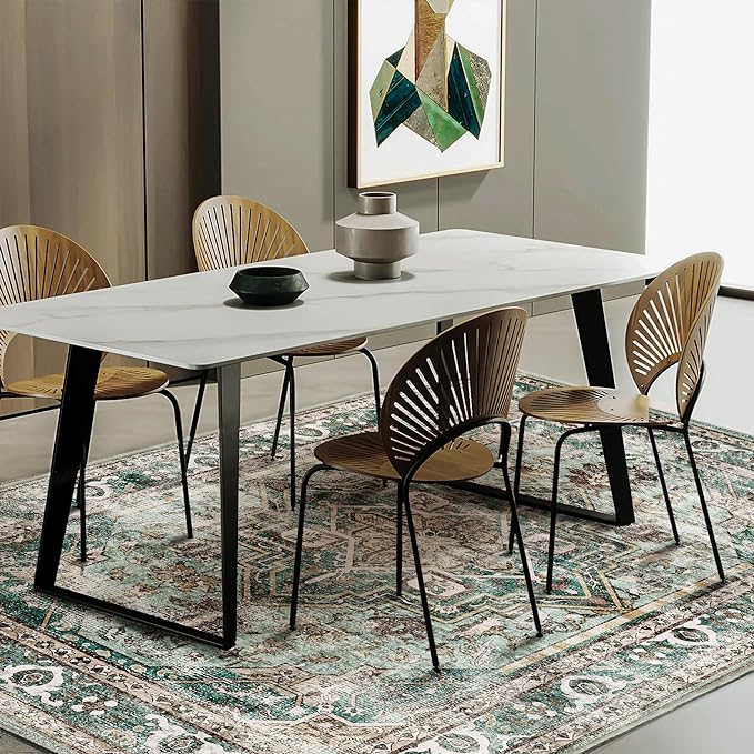 CHAMPLANT 6'x9' Green Washable Area Rug Boho Chic Medallion Distressed Design Non-Shedding Easy Care Ideal for High Traffic Areas in Living Room Bedroom Office Kitchen Coffee Table Large Carpet