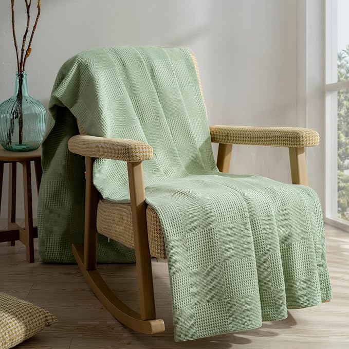 100% Turkish Cotton Blanket Twin Size Waffle Weave Blankets, Made in Turkiye, Light Airy Throw Bedspread (Mint Green, Twin Size Blanket 70 x 90 inch)