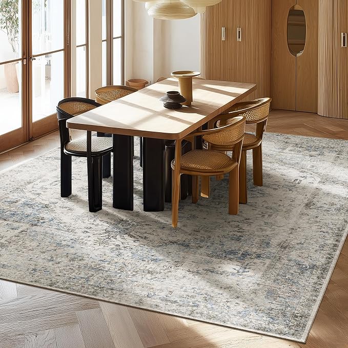 Machine Washable Rugs for Living Room: 6x9 Area Rugs for Bedroom Ultra Soft Non-Slip Low Pile Vintage Distress Boho Large Carpet for High-Traffic Dining Room - Farmhouse Decor