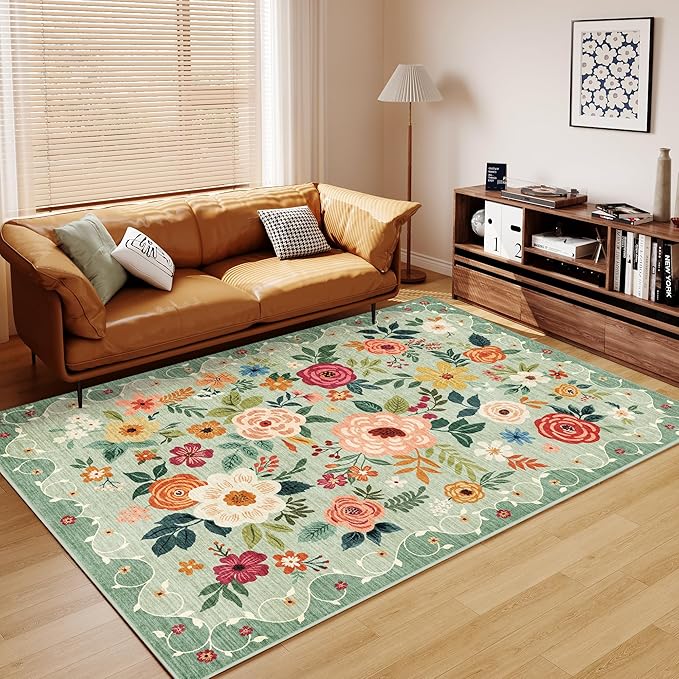 DUKINO 9x12 Area Rug, Floral Rugs for Living Room, Lightweight Non Slip Washable Rug, Indoor Low Pile & Non-Shedding Boho Design Rugs for Bedroom, Living Room, Dining Room,Green
