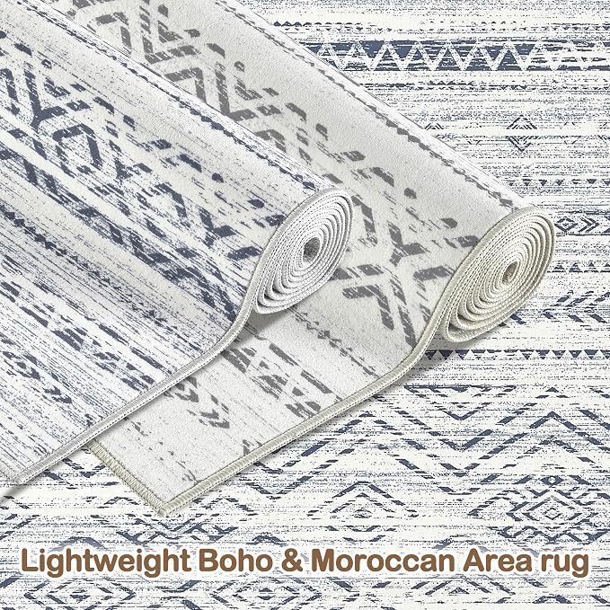 Tortania Area Rug Living Room Rugs- 8x11 Washable Large Soft Neutral Boho Moroccan Bohemian Farmhouse Rug Indoor Floor Carpet for Bedroom Under Dining Table Home Office Decor - Dark Blue