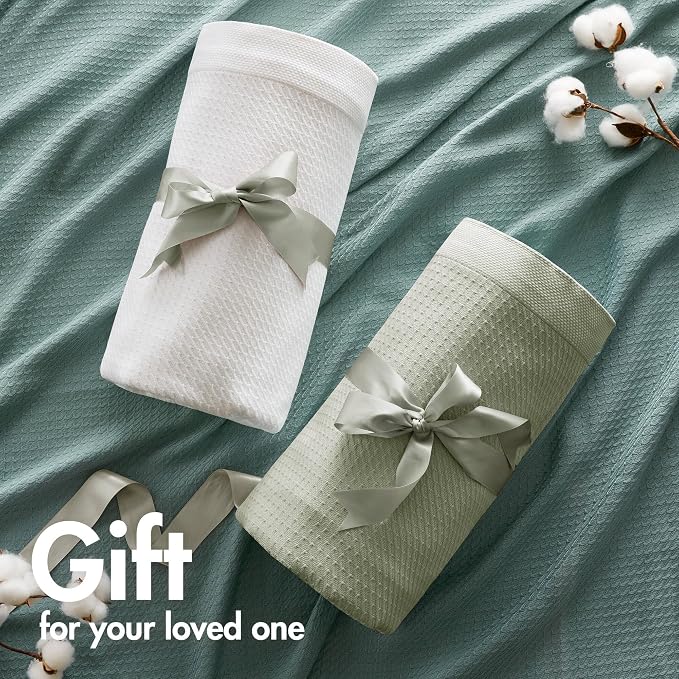 Madison Park 100% Egyptian Cotton Lightweight Summer Blanket, Breathable Waffle Knit Design, Soft Cozy All-Season Throw for Bed, Couch or Sofa, Sage Green Full/Queen Size (90"x90")