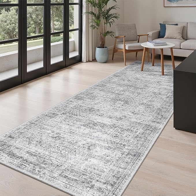 Soalmost Hallway Runner Rug 4x8 Wide: Washable Thin Runners for Hallways Entry, Non Slip Soft Vintage Kitchen Area Rugs for Living Room Bedroom Dining Room Foyer (Grey, 4x8)