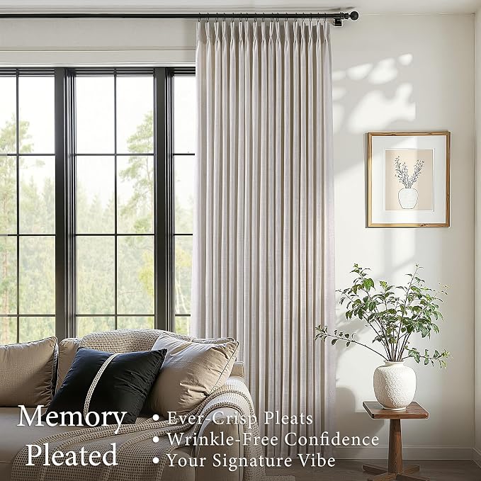 Pinch Pleated Linen Curtains 108 Inches Long 2 Panels for Living Room Bedroom Light Filtering Curtain Memory Shape Trained Pinch Pleat Thick Linen Drapes Back Tab with Hooks Clip Rings Taupe