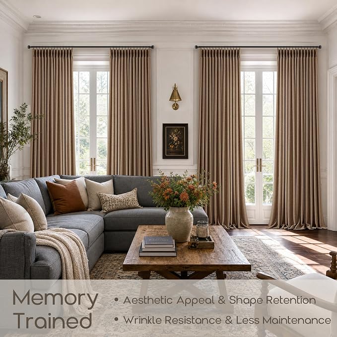 Brown Pinch Pleated Curtains 108 Inches Length for Living Dining Room Rust Retro Country Light Filtering Sheer Back Tab Curtains with Hooks Rings Pinch Pleat Burlap Linen Window Drapes for Bedroom