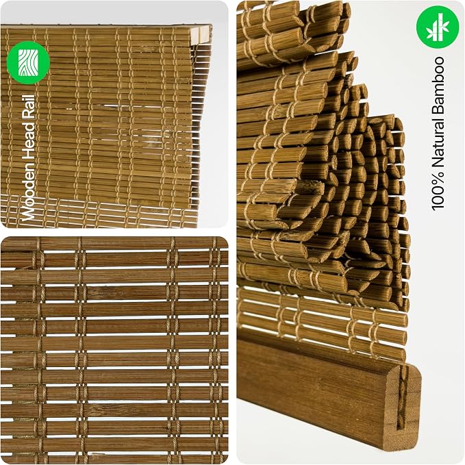 CALYX INTERIORS Cordless Bamboo Roman Shade Blind, Light Filtering, 30" W x 64" H, Ceylon Chestnut