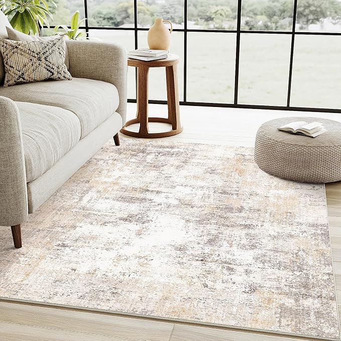 4x5 Washable Area Rug Beige Grey Abstract Non Slip Soft Low Pile Rug for Entryway Kitchen Bathroom Neutral Modern Throw Carpet for Living Room Bedroom Home Decor