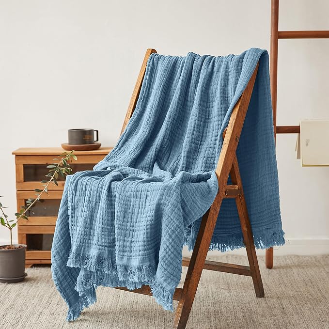 FALUCA Cotton Muslin Throw Blanket 50x60 Inches for Bed, Couch, Knit Woven Gauze Blanket, Soft Lightweight Cozy Breathable Farmhouse Decoration for All-Season, Dusty Blue