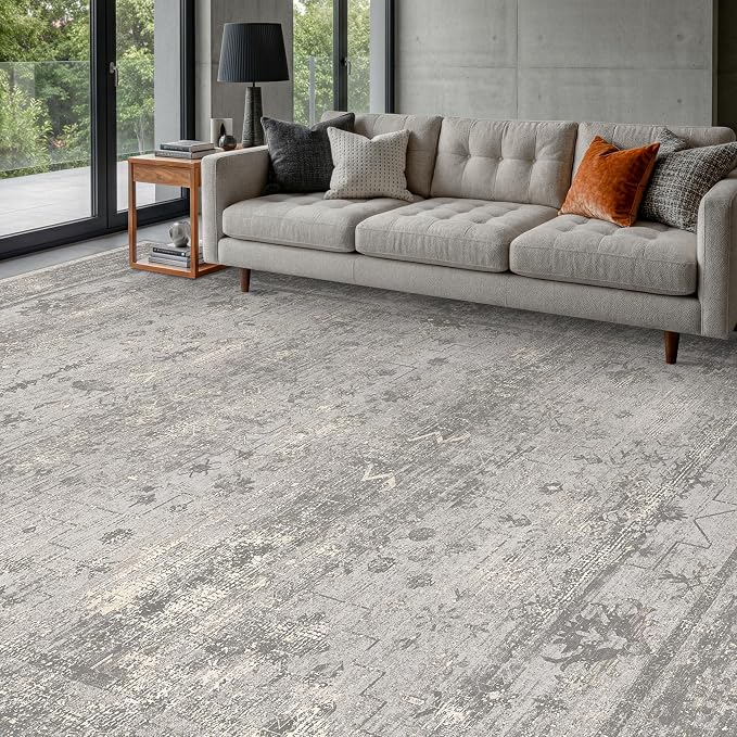 10x14 Washable Area Rug for Living Room - Massive Gray Abstract Modern Rug, Non-Slip Low Pile Grey Vintage Distressed Carpet for Great Rooms & Large Sectionals
