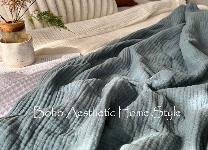 KyraHome 100% Cotton Throw Blankets for Couch, 60"x80" Pre-Washed Plant-Dyed Breathable Lightweight Gauze Soft Muslin Summer Throw Blankets, All Season (Slate Blue)