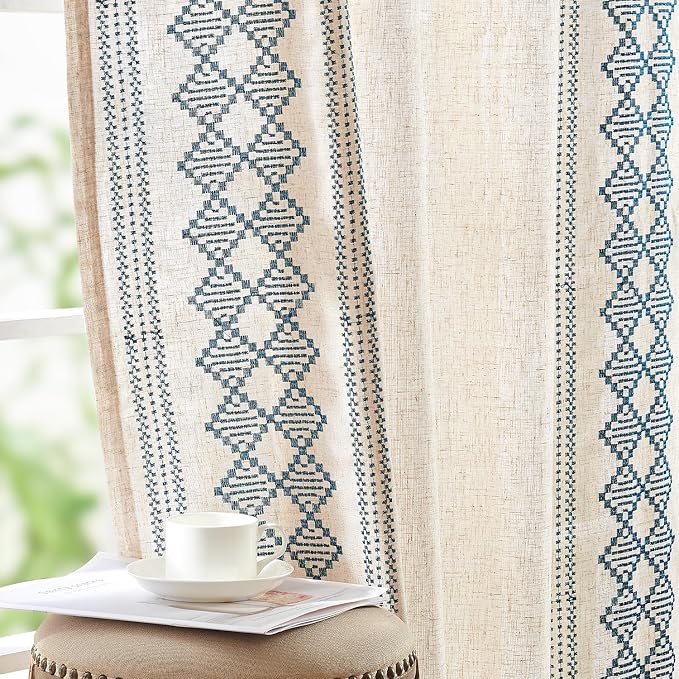 jinchan Boho Curtains Linen Blend Beige Farmhouse Curtains 63 Inches Long for Living Room Blue Square Embroidered Bordered Back Tab Bedroom Window Light Filtering Bohemian Drapes 2 Panels