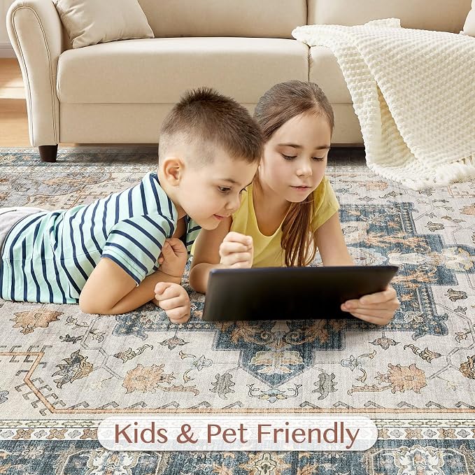 Tortania Area Rug Living Room Rugs - 6x9 Washable Boho Rug Vintage Oriental Distressed Farmhouse Large Thin Indoor Carpet for Living Room Bedroom Under Dining Table Home Office - TealTaupe