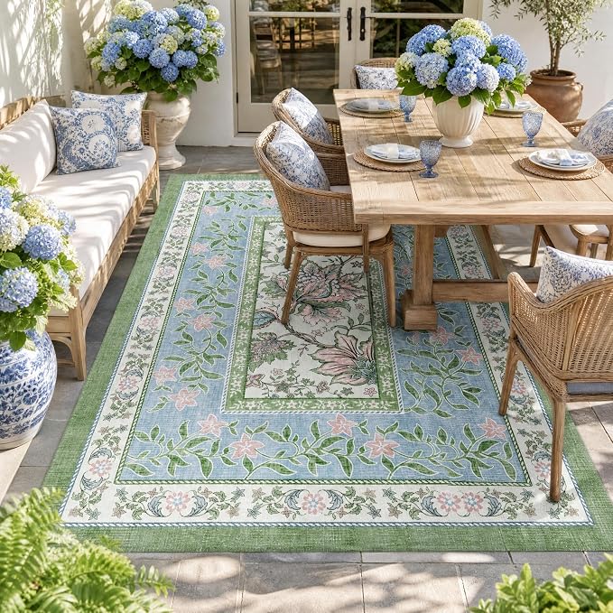 GarveeHome Blue Green Pink 8x10 Area Rugs for Living Room, Botanical Grove Cottagecore Washable Rug for Bedroom Dining Nursery Low-Pile Vintage Large Carpet