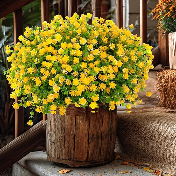 AXYLEX Artificial Flowers Outdoor Fake Plants - 12 Bundles UV Resistant No Fade Faux Plastic Greenery Boxwood Shrubs Home Garden Porch Patio Decoration (Yellow)