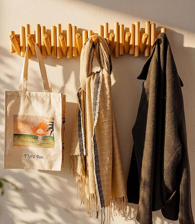 Modern Wooden Wall Mounted Coat Rack, 5-Hooks, Decorative Wall Hooks for Purse, Bags & Hats, Heavy Duty, Sturdy, Natural Pine Wood, Pull Down Hooks, Easy to Install