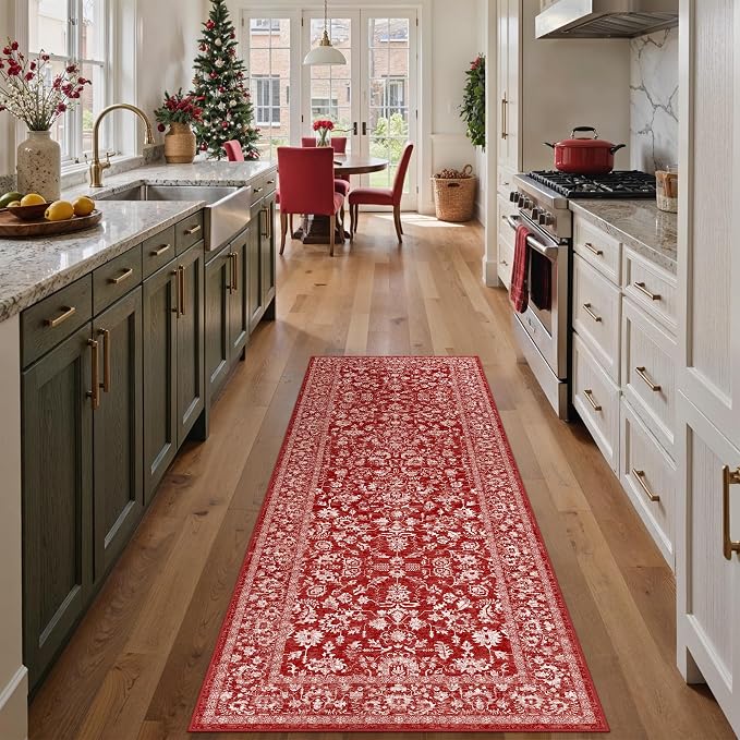 PureCozy Red Runner Rug 2x6 Washable Hallway Carpet Retro Vintage Distressed Floral Holiday Decorative Non Slip Low Pile Soft Throw Long Rug for Kitchen Bedroom Bathroom