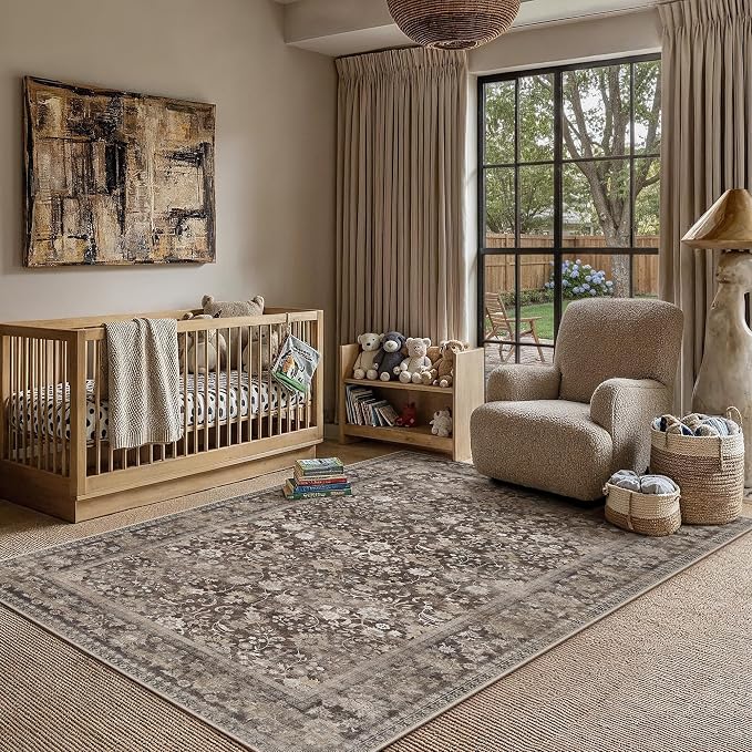HUGEAR 5x7 Machine Washable Rugs Coffee Brown Hallway Area Rug Indoor Accent Rug Floral Low Pile Carpet Soft Throw Aesthetic Rug Bedroom Living Room Office Dining Room Kitchen Laundry Room Non Slip