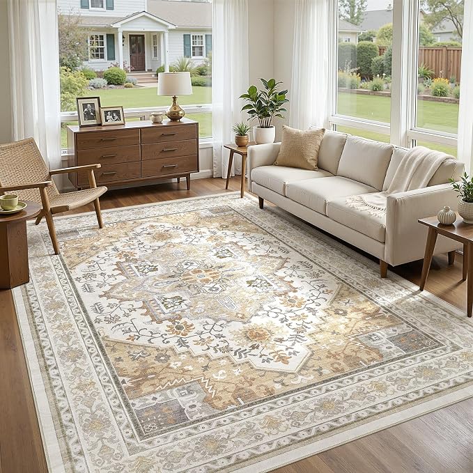 UERMEI 9x12 Area Rug for Living Room - Washable Vintage Carpet, Non-Slip Soft Large Indoor Floor Rugs for Bedroom Home Office & Under Dining Table Decor, Brown Beige