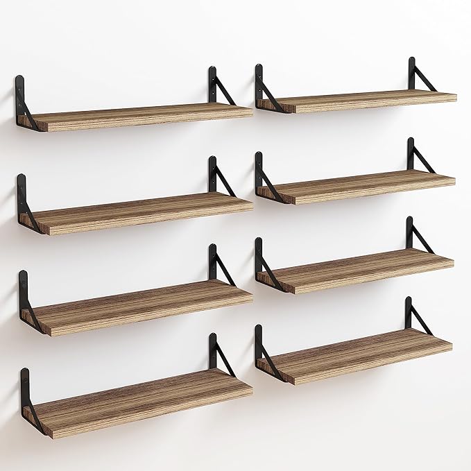 Fixwal Shelves for Room Wall, Width 4.7in Rustic Wood Wall Storage, Floating Shelves for Bedroom, Living Room, Kitchen, Bathroom, Office Decor and Plants Display (Set of 8 Carbonized Black)