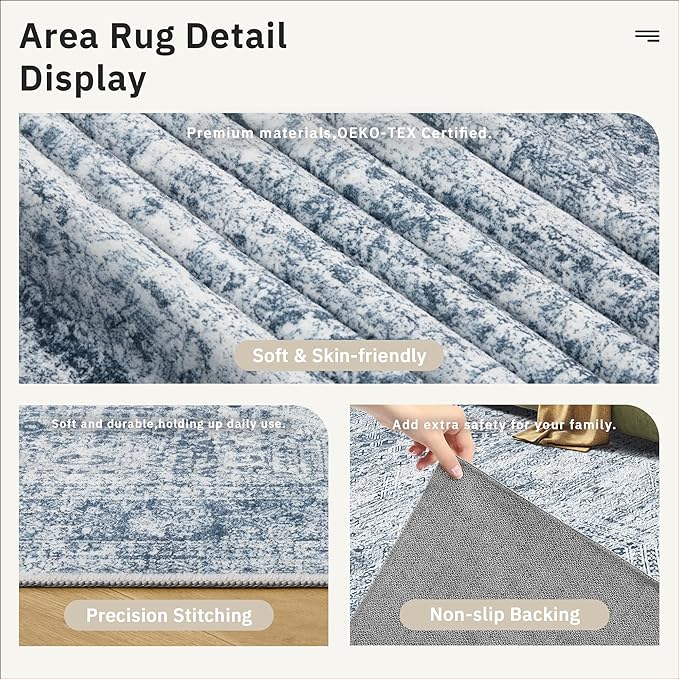 Soalmost 5x7 Area Rugs Blue Low Pile Indoor Washable Trendy Faded Style Rugs for Bedroom Living Room Dining Room Foldable Non-Slip Thin Print Mat