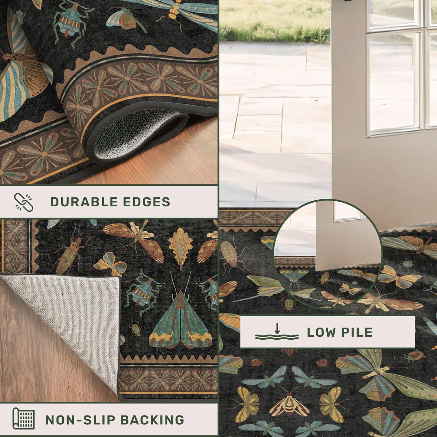 Washable 5x7 Black Rug for Living Room - Foyer Rugs for Entryway, Bedroom, Home Office, Gothic Witchy Insect Bug Floral Retro Indoor Décor