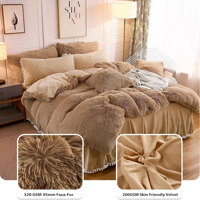 LIFEREVO Luxury Plush Shaggy Duvet Cover Set, Soft Velvet Fluffy Furry Duvet Cover Set(1 Faux Fur Fuzzy Comforter Cover + 2 Pom Poms Pillow Cases) Solid Bedding Set, Zipper Closure(Full/Queen, Camel)