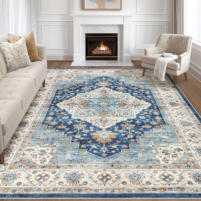 7x10 Area Rug Living Room: Washable Boho Large Neutral Vintage Soft Rugs Stain Resistant Farmhouse Non-Slip Indoor Floor Retro Carpet for Bedroom Nursery Kids Office Dining Room- Navy Beige
