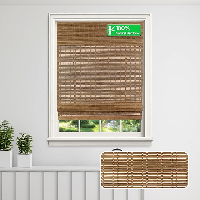 CALYX INTERIORS Cordless Bamboo Roman Shade Blind, Light Filtering, 34" W x 64" H, Ceylon Chestnut