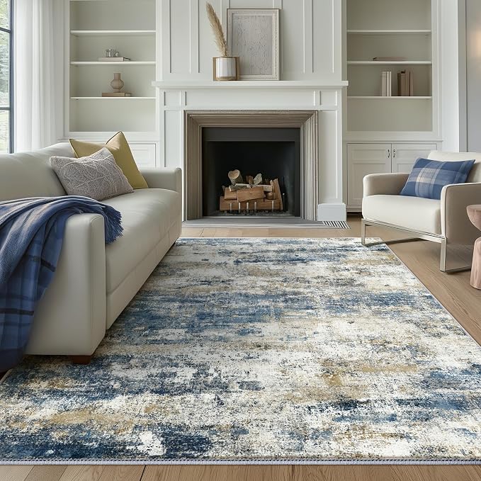 BEIMO Area Rugs 5x8 for Living Room Bedroom, Modern Abstract Machine Washable Rug, Large Soft Low Pile Floor Carpet with Non Slip Backing for Dining Room, Navy Blue Beige