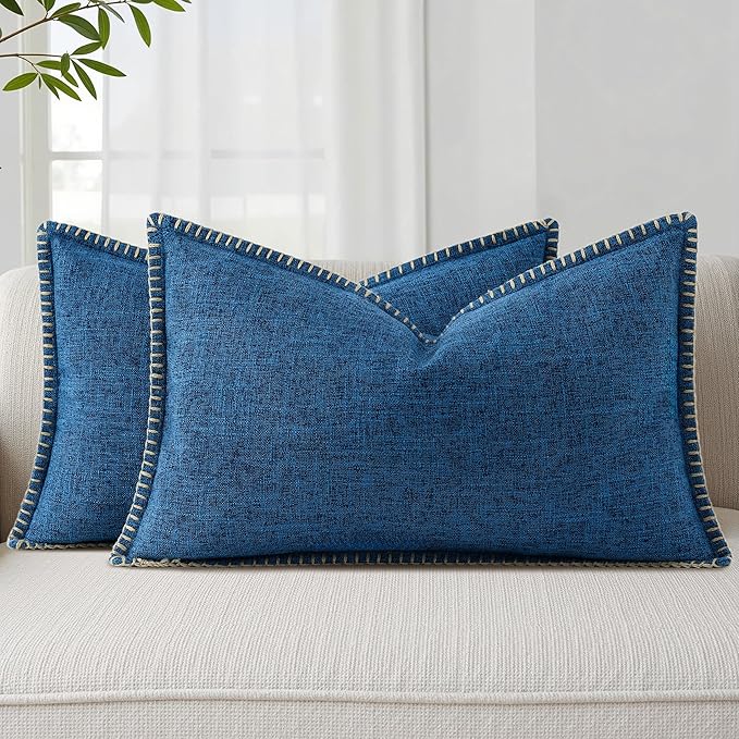 decorUhome Summer Decorative Throw Pillow Covers 12x20 Set of 2 Lumbar Faux Linen Outdoor Neutral Farmhouse Pillow Covers with Stitched Edge for Couch Sofa Living Room, Dark Blue