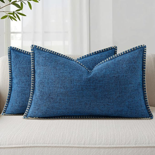 decorUhome Summer Decorative Throw Pillow Covers 12x20 Set of 2 Lumbar Faux Linen Outdoor Neutral Farmhouse Pillow Covers with Stitched Edge for Couch Sofa Living Room, Dark Blue