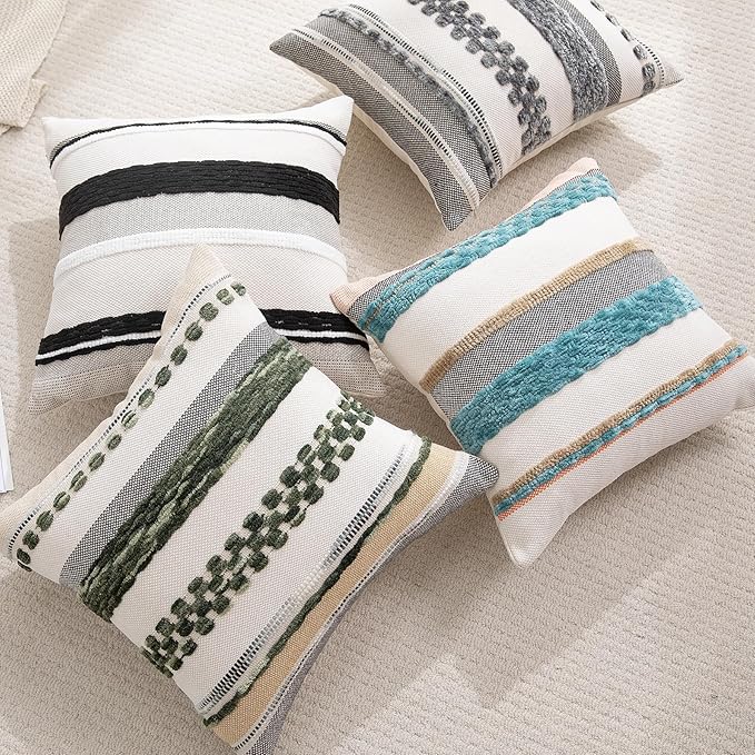 Boho Throw Pillow Covers 18x18 Set of 2 for Couch-Modern Farmhouse Sofa Decorative Grey Throw Pillows Covers Textured Chenille Cushion Covers Outdoor Netural Bohemian Pillow Cases Square