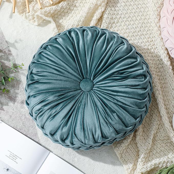 Drydiet 1 Pcs Round Throw Velvet Pillows Decorative Pleated Throw Pillows Diameter Accent Pumpkin Boho Chair Cushion for Couch Sofa Home Decoration (Dusty Blue,15'')