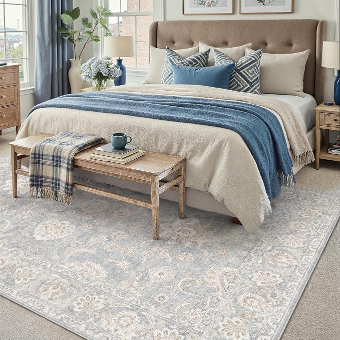 6x9 Blue Cream Washable Area Rug for Living Room Bedroom Neutral Floral Soft Non Slip Rug Low Pile Distressed Carpet for Dining Room Nursery Office Indoor