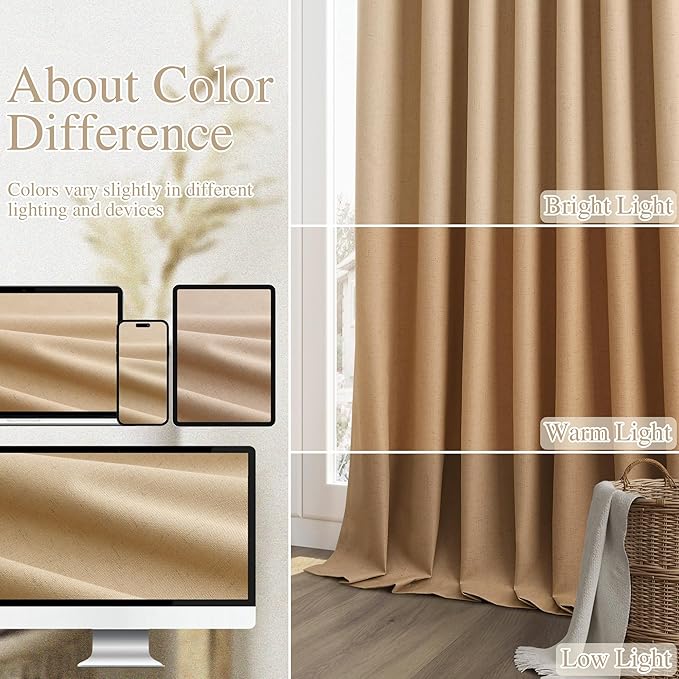 Guken 100% Blackout Linen Curtains 100 Inch Length 2 Panels Set for Living Room Bedroom Back Tab Thermal Insulated Black Out Linen Drapes Room Darkening Window Curtains,Camel Brown