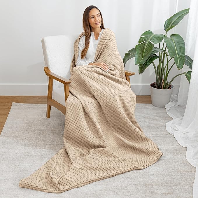 Comfy Cubs Waffle Blanket King, 108" x 90" - 100% Cotton Lightweight Breathable Bed Blanket - Soft Textured Thermal Weave for All Seasons – Decorative Cozy Layer for Couch, Sofa, or Bed - Sand