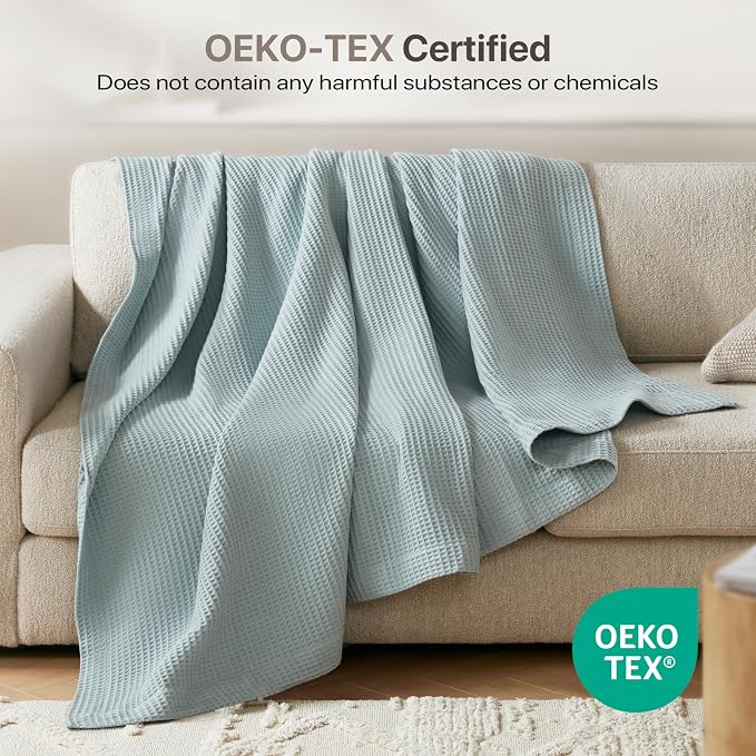 Madison Park 100% Cotton Blanket, Trendy Woven Waffle Weave Design, All Season, Lightweight, Breathable, Soft and Cozy Casual Summer Cover, for Bed, Couch and Sofa, King(108 in x 90 in), Aqua