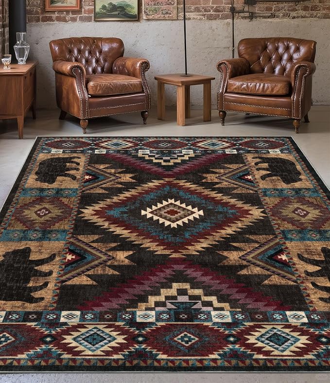 YIHOUSE Rustic Cabin Area Rug for Bedroom 5x7,Machine Washable Lodge Bear Rug,Non-Slip Low Pile Print Pattern Western Rug for Living Room